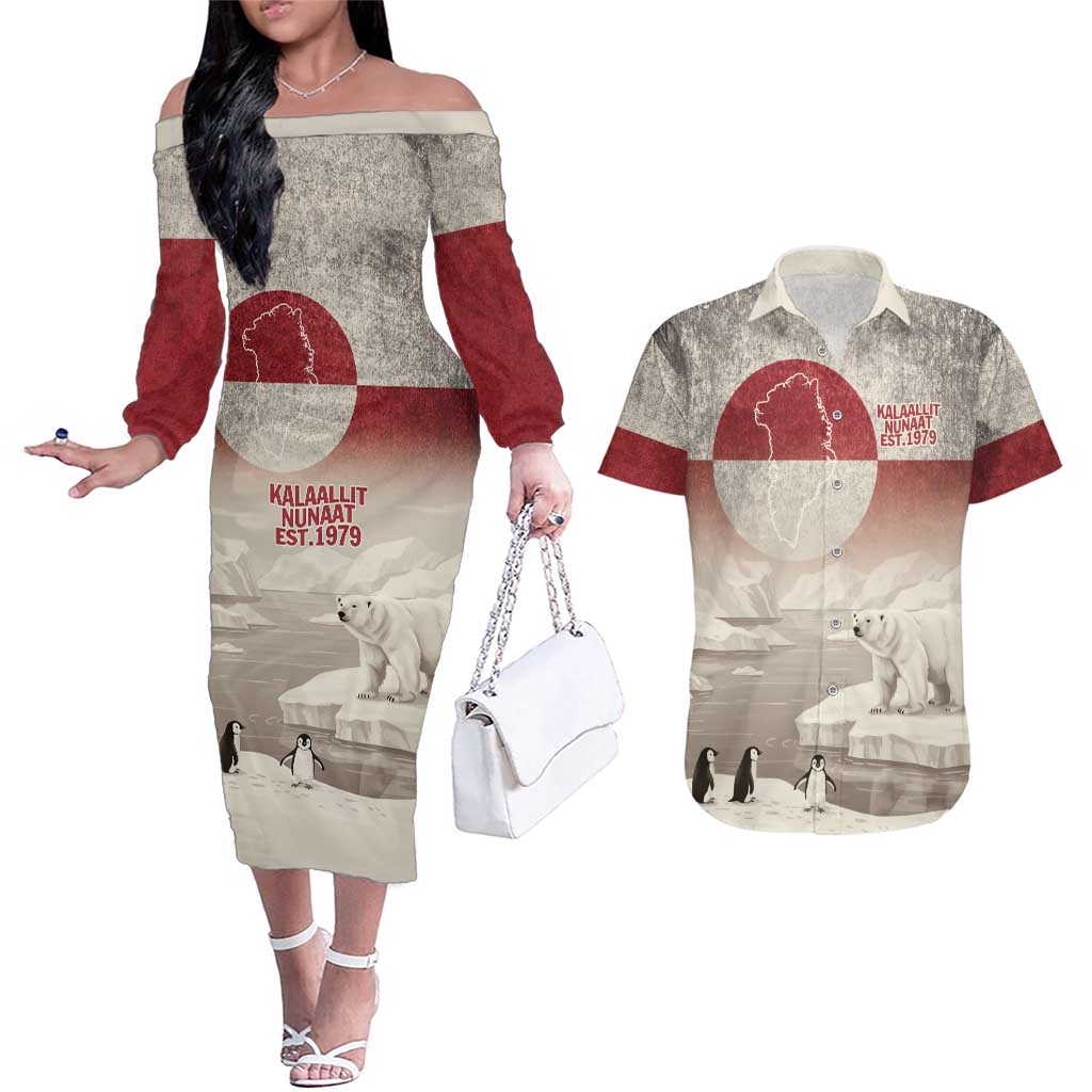 Greenland Flag Vintage Couples Matching Off The Shoulder Long Sleeve Dress and Hawaiian Shirt Greenlander Flag With Polar Bear