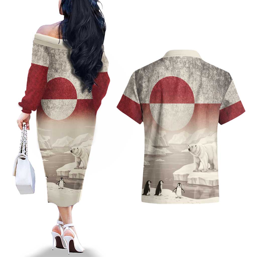 Greenland Flag Vintage Couples Matching Off The Shoulder Long Sleeve Dress and Hawaiian Shirt Greenlander Flag With Polar Bear