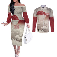 Greenland Flag Vintage Couples Matching Off The Shoulder Long Sleeve Dress and Long Sleeve Button Shirt Greenlander Flag With Polar Bear