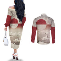 Greenland Flag Vintage Couples Matching Off The Shoulder Long Sleeve Dress and Long Sleeve Button Shirt Greenlander Flag With Polar Bear