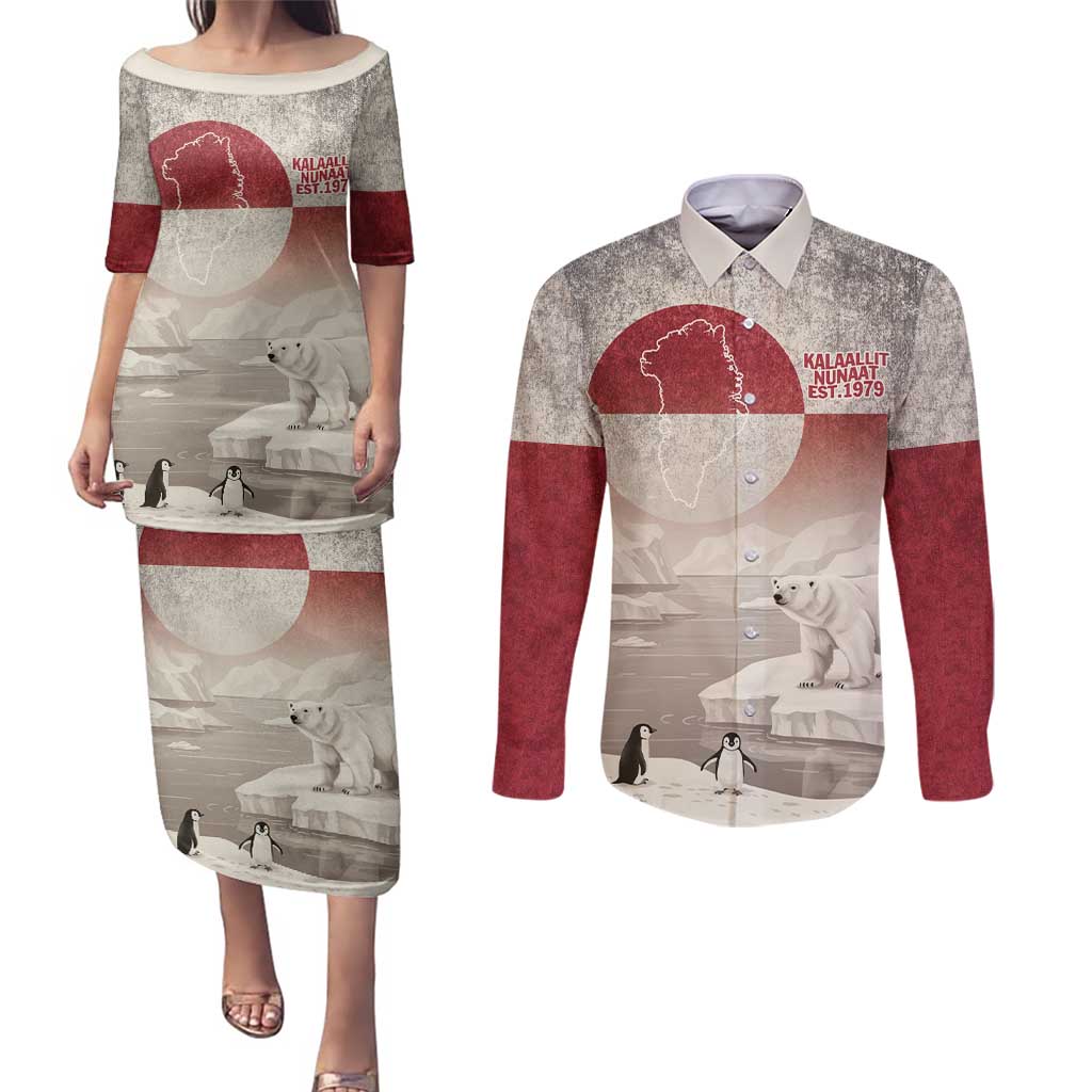 Greenland Flag Vintage Couples Matching Puletasi and Long Sleeve Button Shirt Greenlander Flag With Polar Bear