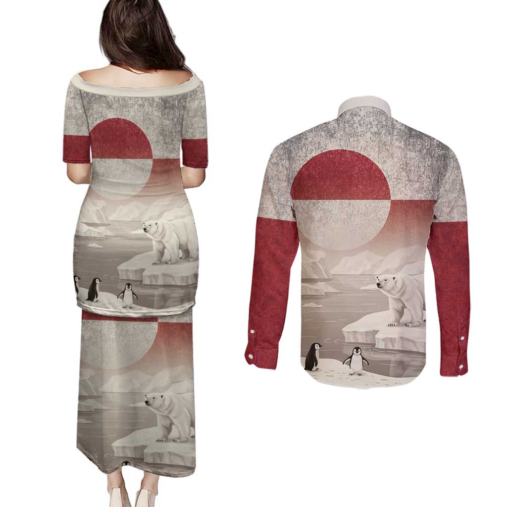 Greenland Flag Vintage Couples Matching Puletasi and Long Sleeve Button Shirt Greenlander Flag With Polar Bear