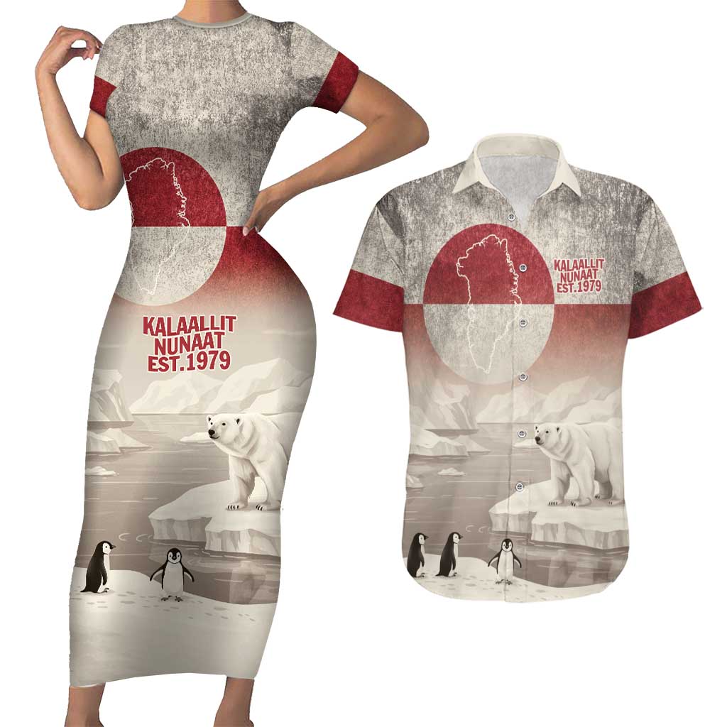 Greenland Flag Vintage Couples Matching Short Sleeve Bodycon Dress and Hawaiian Shirt Greenlander Flag With Polar Bear