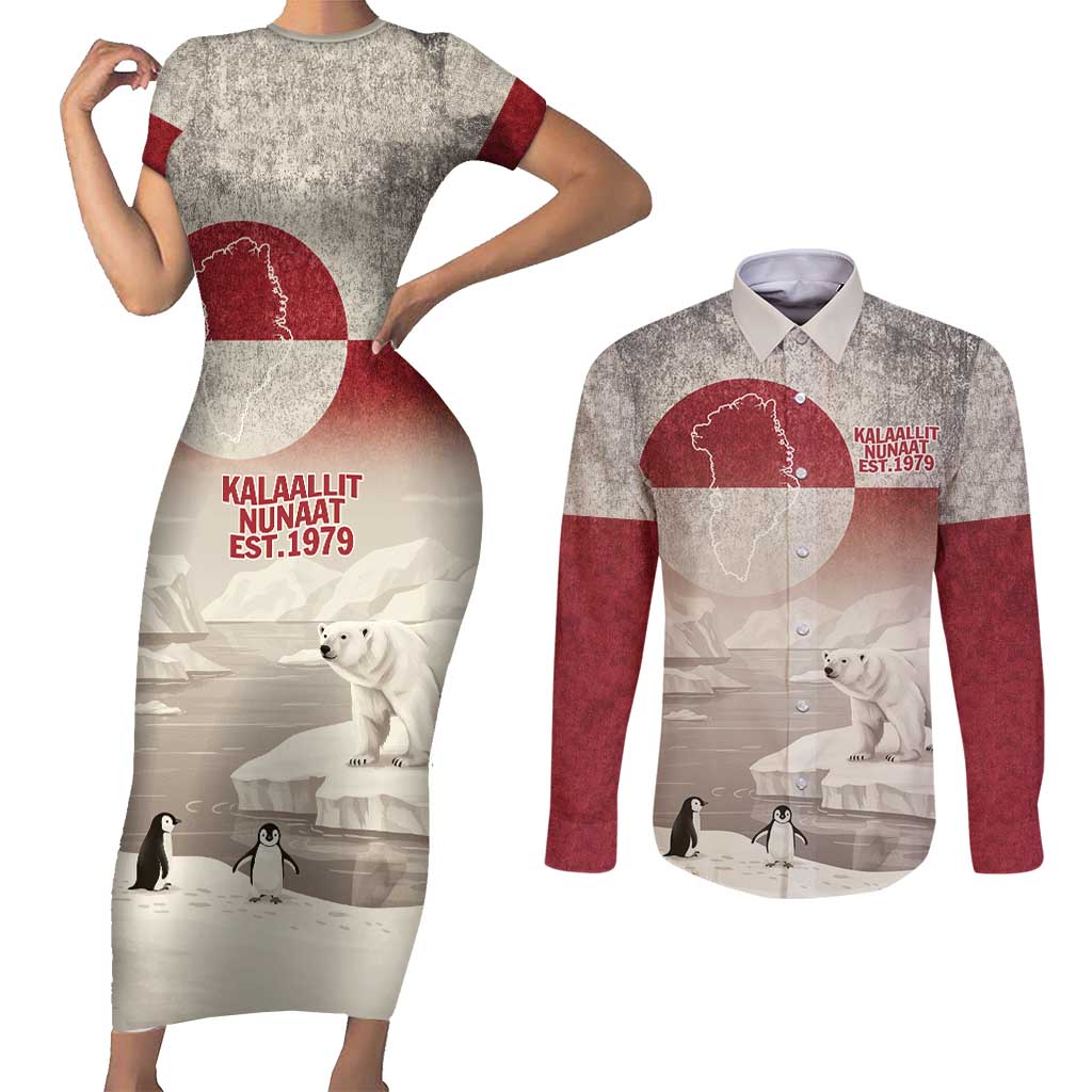 Greenland Flag Vintage Couples Matching Short Sleeve Bodycon Dress and Long Sleeve Button Shirt Greenlander Flag With Polar Bear