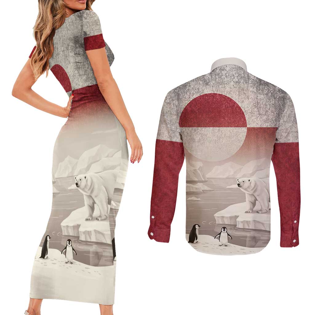 Greenland Flag Vintage Couples Matching Short Sleeve Bodycon Dress and Long Sleeve Button Shirt Greenlander Flag With Polar Bear