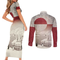 Greenland Flag Vintage Couples Matching Short Sleeve Bodycon Dress and Long Sleeve Button Shirt Greenlander Flag With Polar Bear