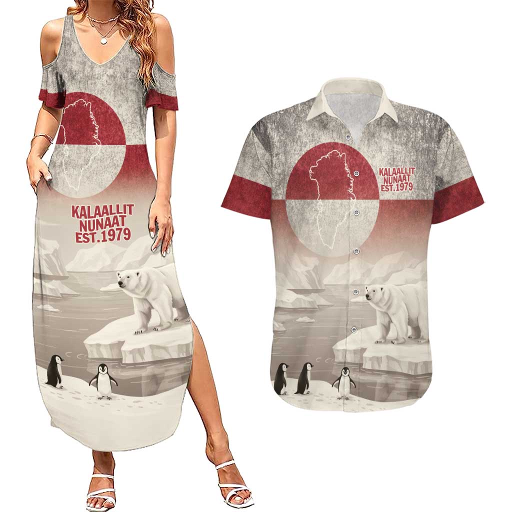 Greenland Flag Vintage Couples Matching Summer Maxi Dress and Hawaiian Shirt Greenlander Flag With Polar Bear