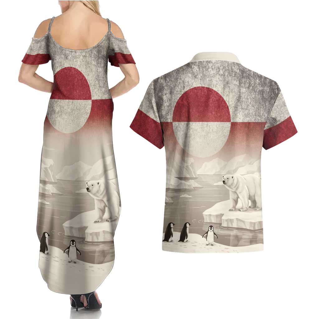 Greenland Flag Vintage Couples Matching Summer Maxi Dress and Hawaiian Shirt Greenlander Flag With Polar Bear
