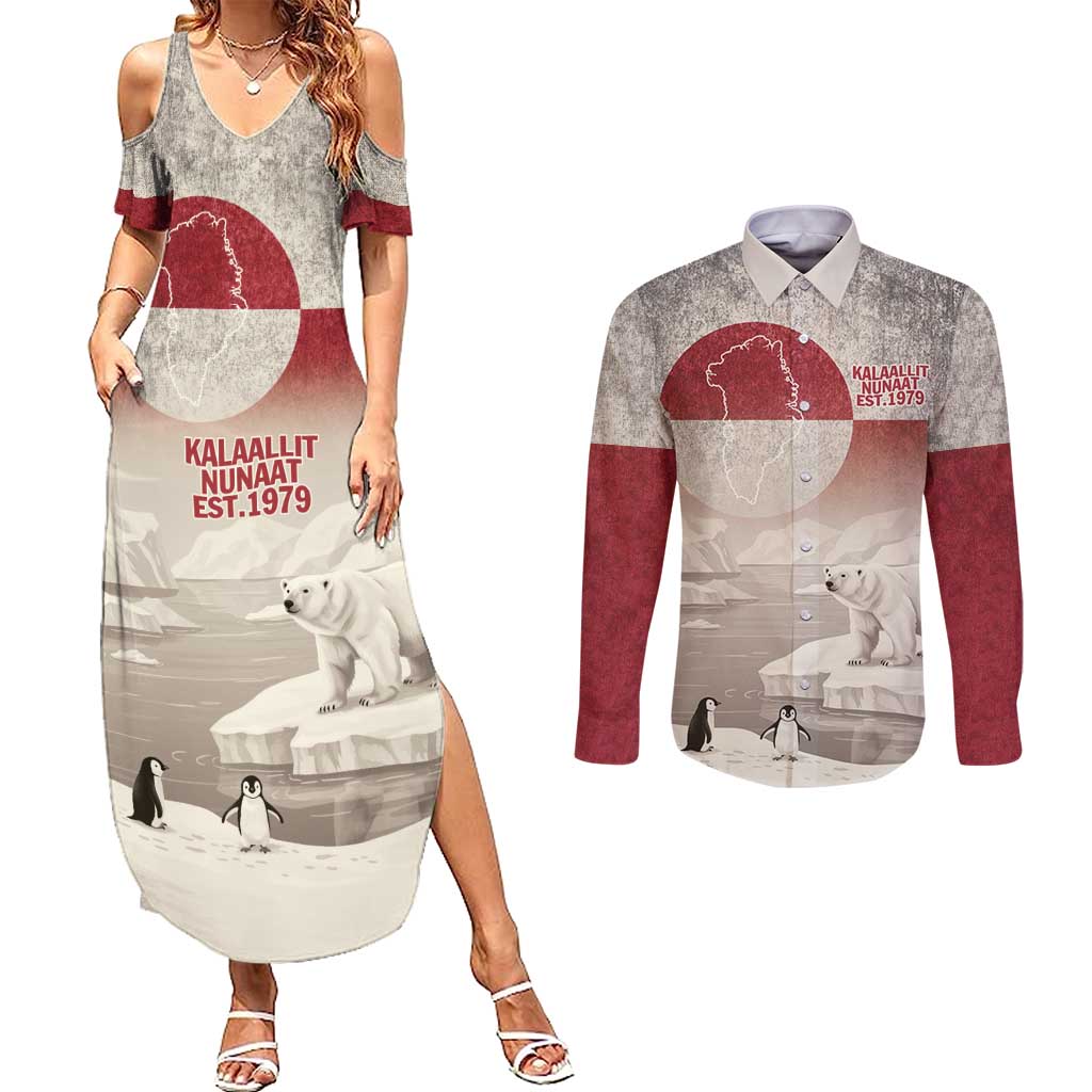 Greenland Flag Vintage Couples Matching Summer Maxi Dress and Long Sleeve Button Shirt Greenlander Flag With Polar Bear
