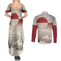 Greenland Flag Vintage Couples Matching Summer Maxi Dress and Long Sleeve Button Shirt Greenlander Flag With Polar Bear
