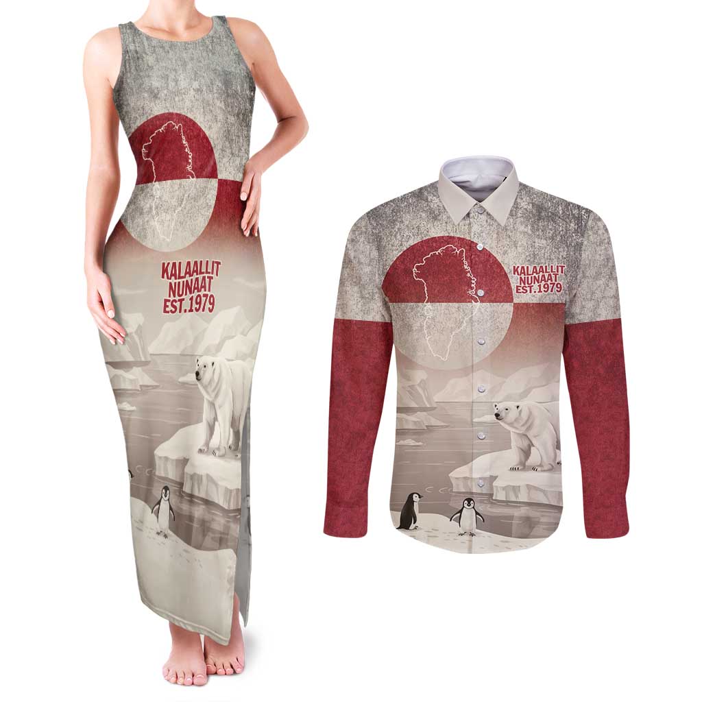 Greenland Flag Vintage Couples Matching Tank Maxi Dress and Long Sleeve Button Shirt Greenlander Flag With Polar Bear