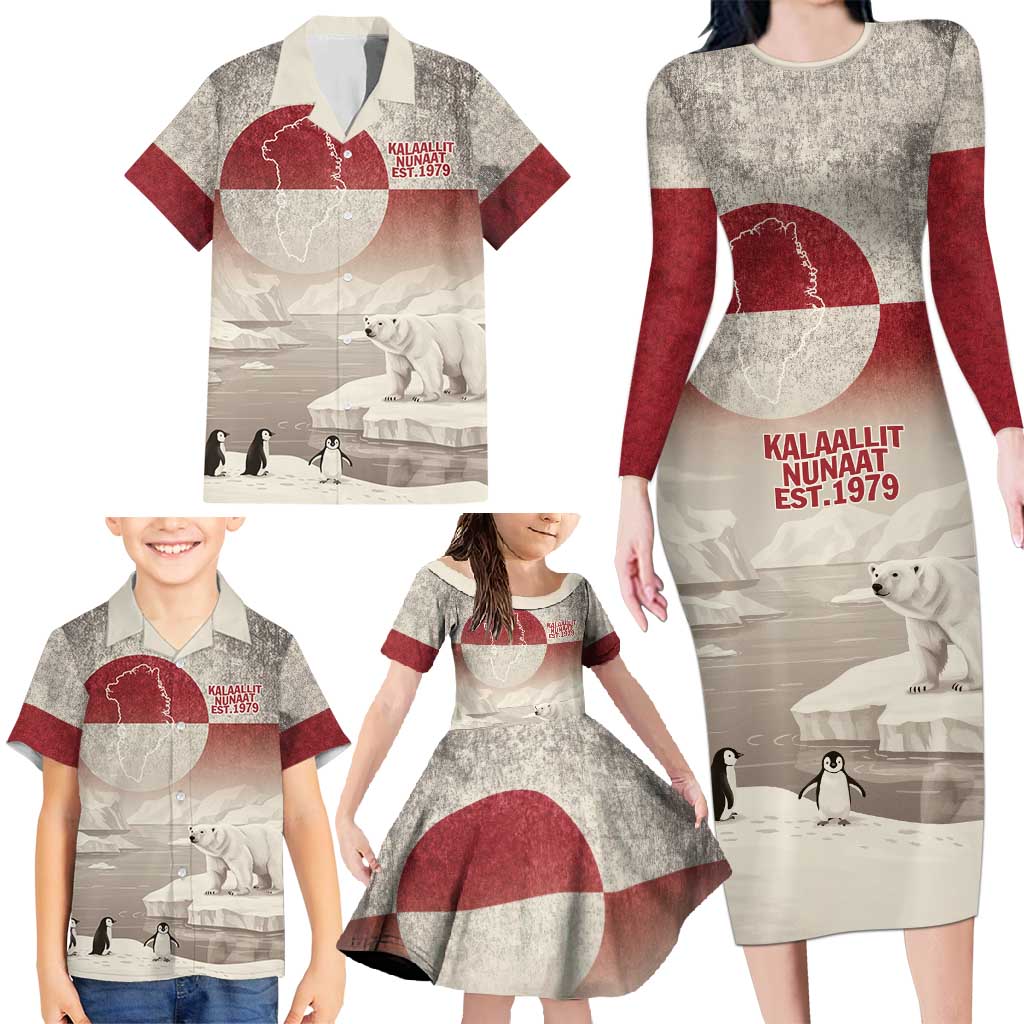 Greenland Flag Vintage Family Matching Long Sleeve Bodycon Dress and Hawaiian Shirt Greenlander Flag With Polar Bear
