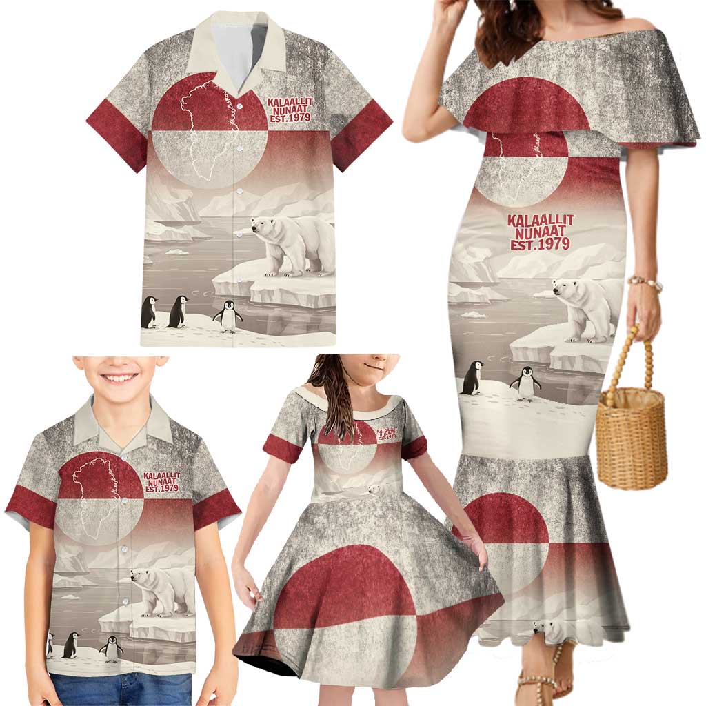 Greenland Flag Vintage Family Matching Mermaid Dress and Hawaiian Shirt Greenlander Flag With Polar Bear