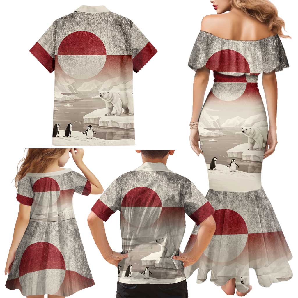 Greenland Flag Vintage Family Matching Mermaid Dress and Hawaiian Shirt Greenlander Flag With Polar Bear