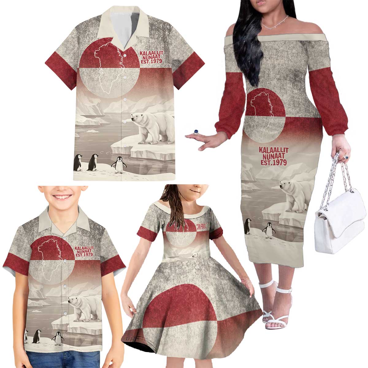 Greenland Flag Vintage Family Matching Off The Shoulder Long Sleeve Dress and Hawaiian Shirt Greenlander Flag With Polar Bear