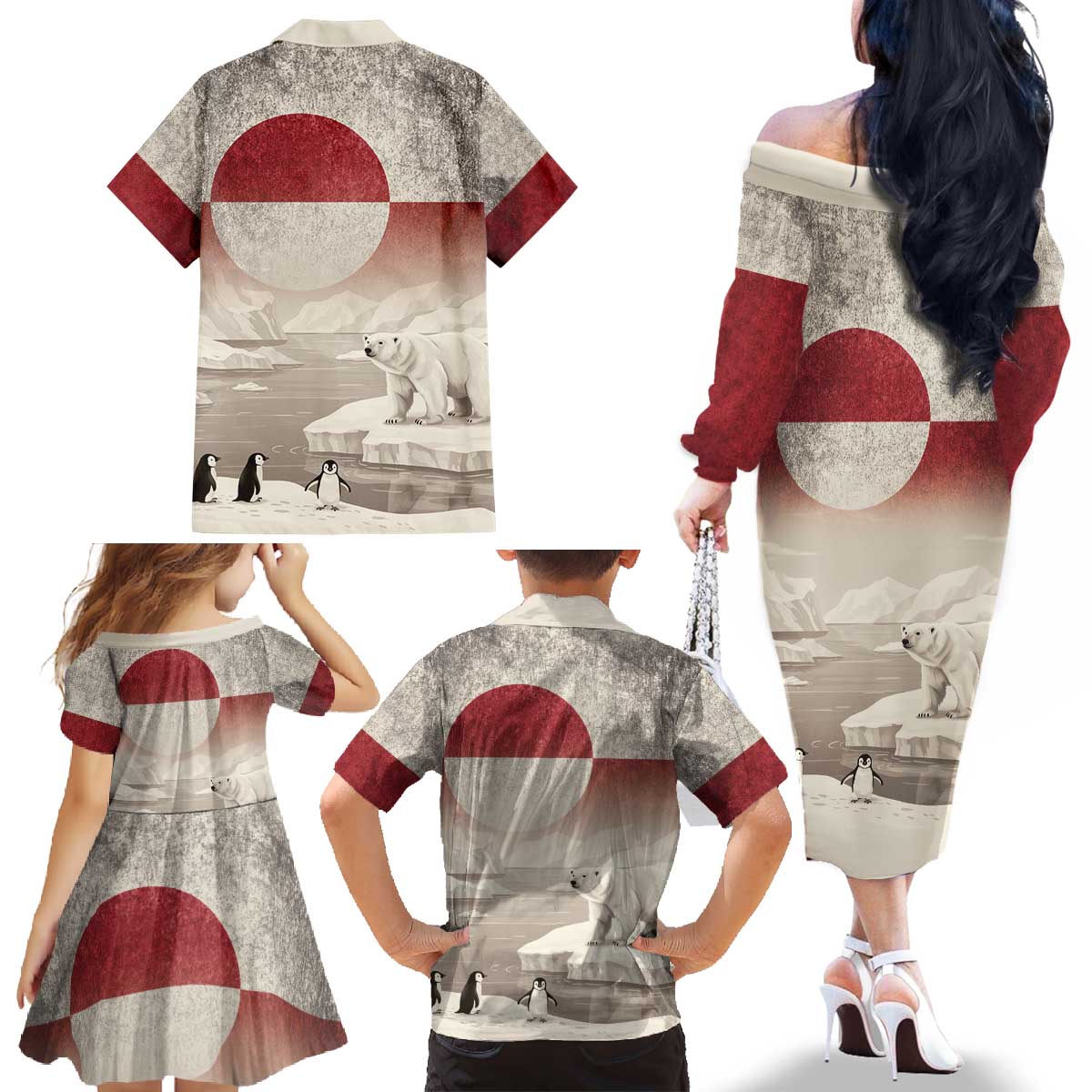 Greenland Flag Vintage Family Matching Off The Shoulder Long Sleeve Dress and Hawaiian Shirt Greenlander Flag With Polar Bear