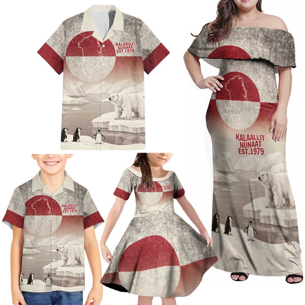 Greenland Flag Vintage Family Matching Off Shoulder Maxi Dress and Hawaiian Shirt Greenlander Flag With Polar Bear