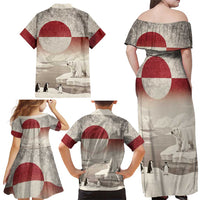 Greenland Flag Vintage Family Matching Off Shoulder Maxi Dress and Hawaiian Shirt Greenlander Flag With Polar Bear