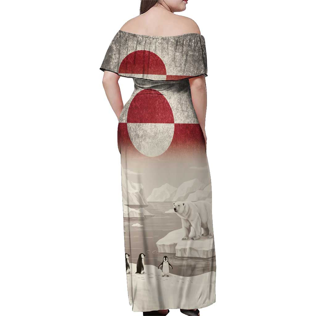 Greenland Flag Vintage Family Matching Off Shoulder Maxi Dress and Hawaiian Shirt Greenlander Flag With Polar Bear