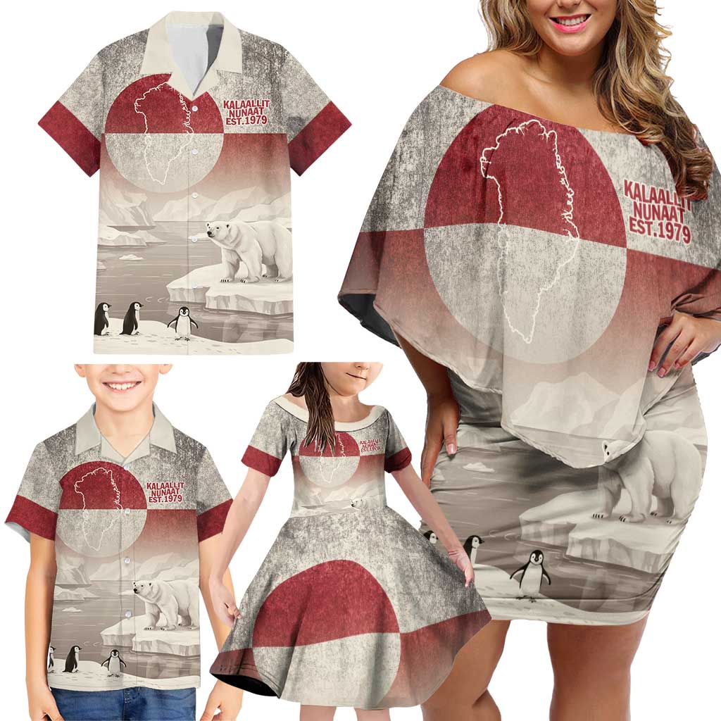 Greenland Flag Vintage Family Matching Off Shoulder Short Dress and Hawaiian Shirt Greenlander Flag With Polar Bear