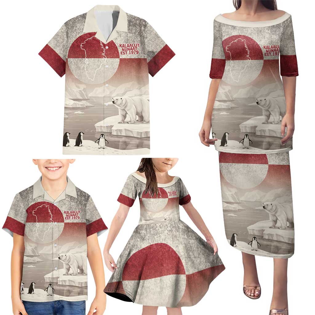 Greenland Flag Vintage Family Matching Puletasi and Hawaiian Shirt Greenlander Flag With Polar Bear