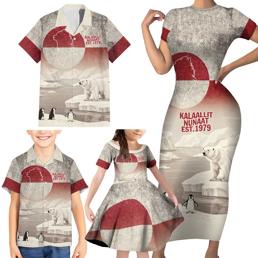 Greenland Flag Vintage Family Matching Short Sleeve Bodycon Dress and Hawaiian Shirt Greenlander Flag With Polar Bear
