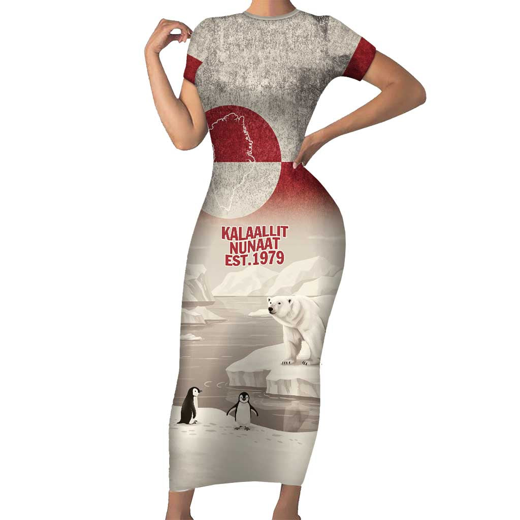 Greenland Flag Vintage Family Matching Short Sleeve Bodycon Dress and Hawaiian Shirt Greenlander Flag With Polar Bear