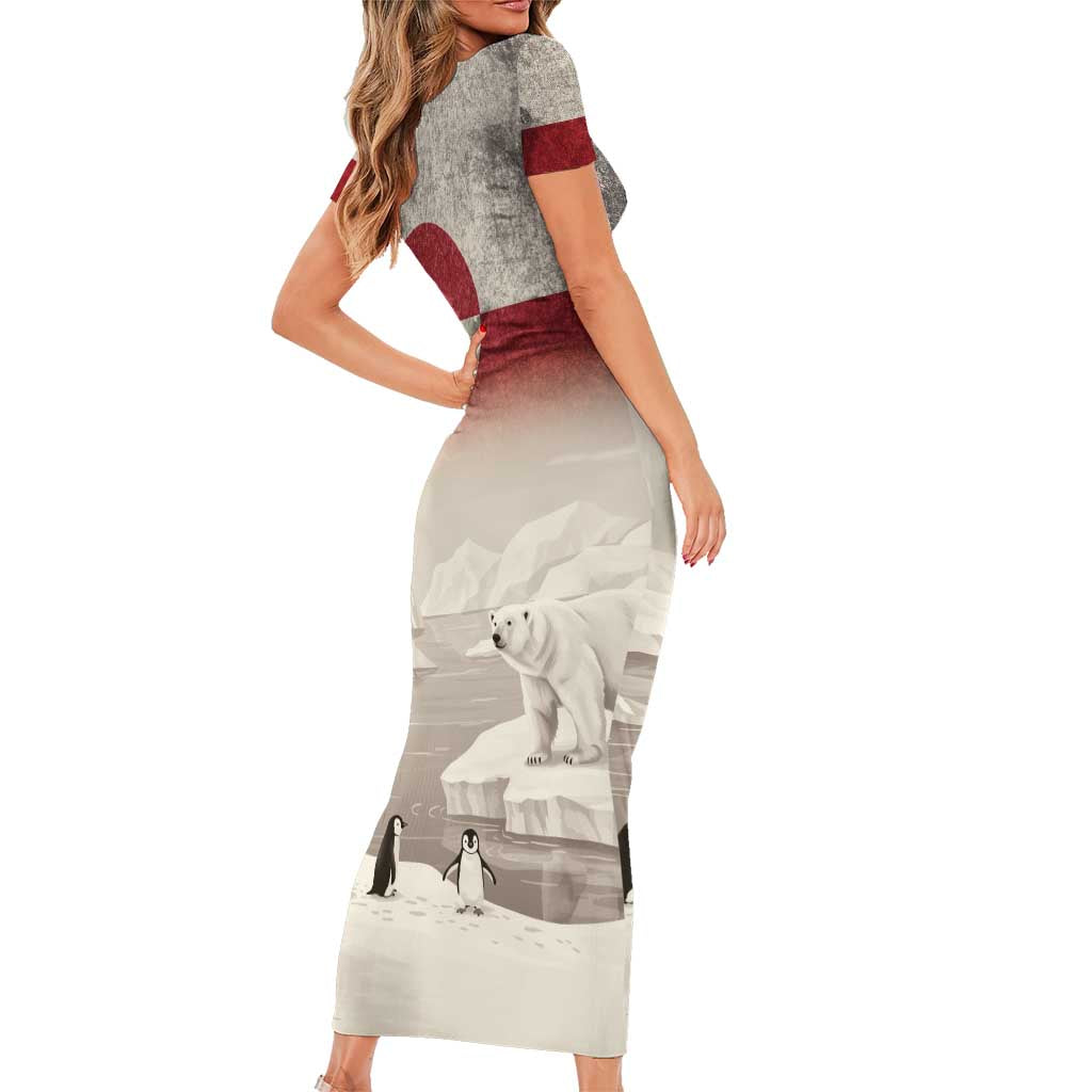 Greenland Flag Vintage Family Matching Short Sleeve Bodycon Dress and Hawaiian Shirt Greenlander Flag With Polar Bear