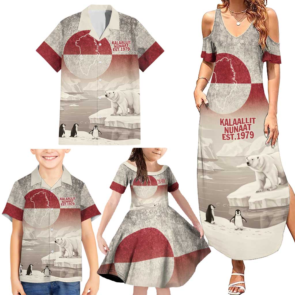 Greenland Flag Vintage Family Matching Summer Maxi Dress and Hawaiian Shirt Greenlander Flag With Polar Bear