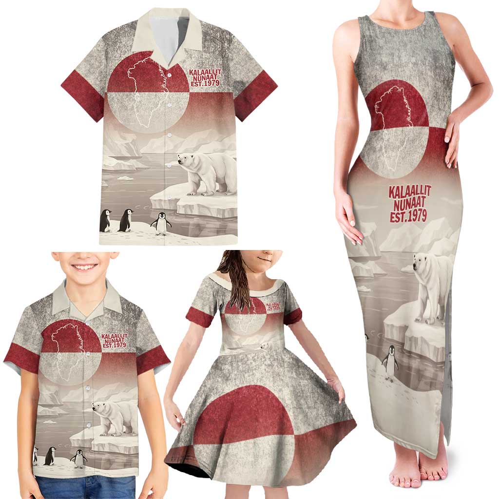 Greenland Flag Vintage Family Matching Tank Maxi Dress and Hawaiian Shirt Greenlander Flag With Polar Bear
