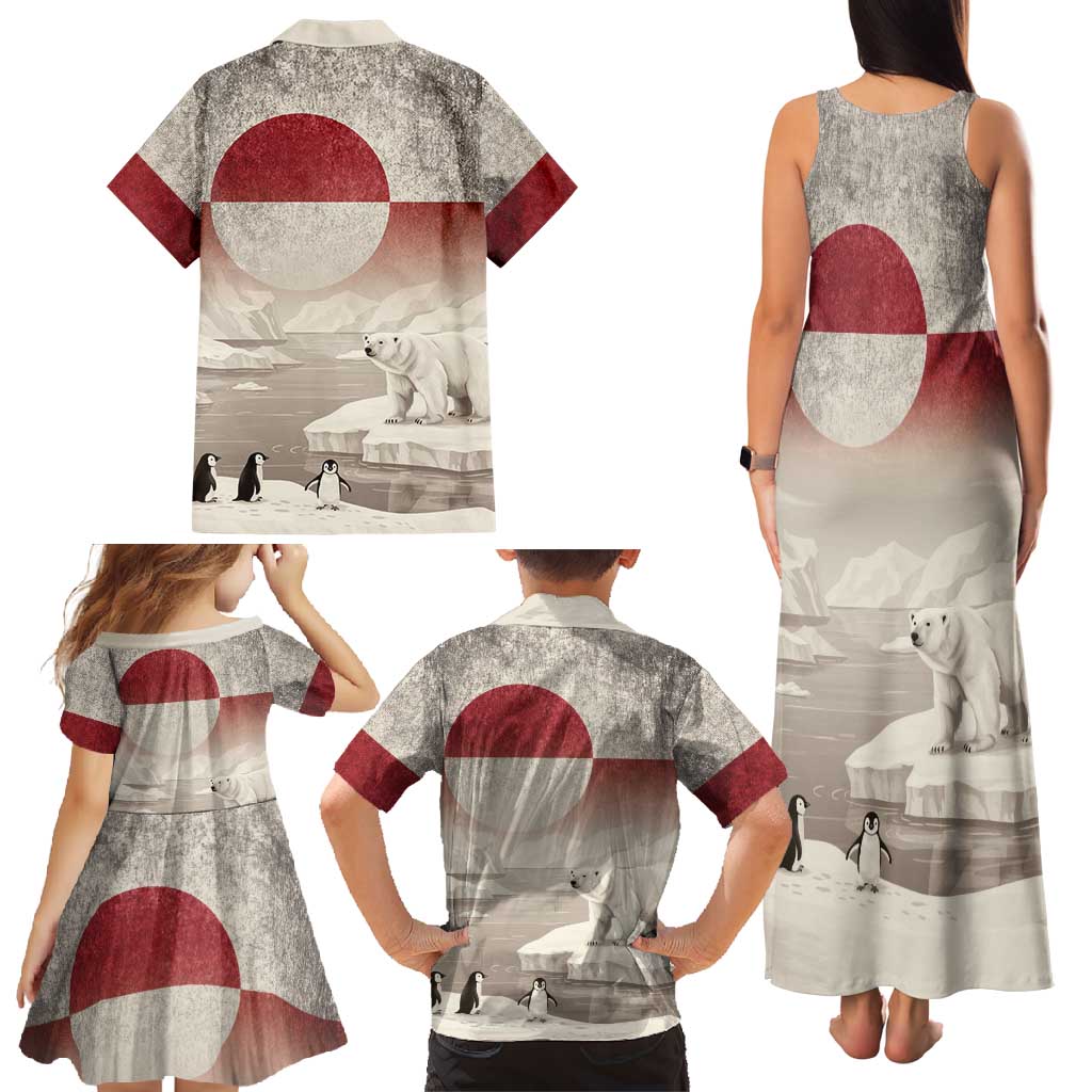 Greenland Flag Vintage Family Matching Tank Maxi Dress and Hawaiian Shirt Greenlander Flag With Polar Bear