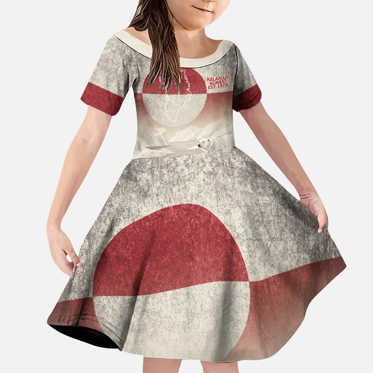 Greenland Flag Vintage Kid Short Sleeve Dress Greenlander Flag With Polar Bear