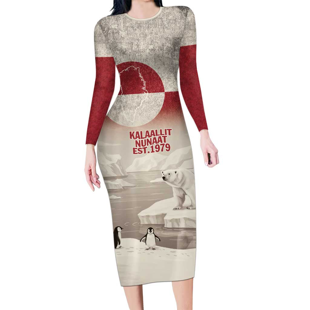 Greenland Flag Vintage Long Sleeve Bodycon Dress Greenlander Flag With Polar Bear