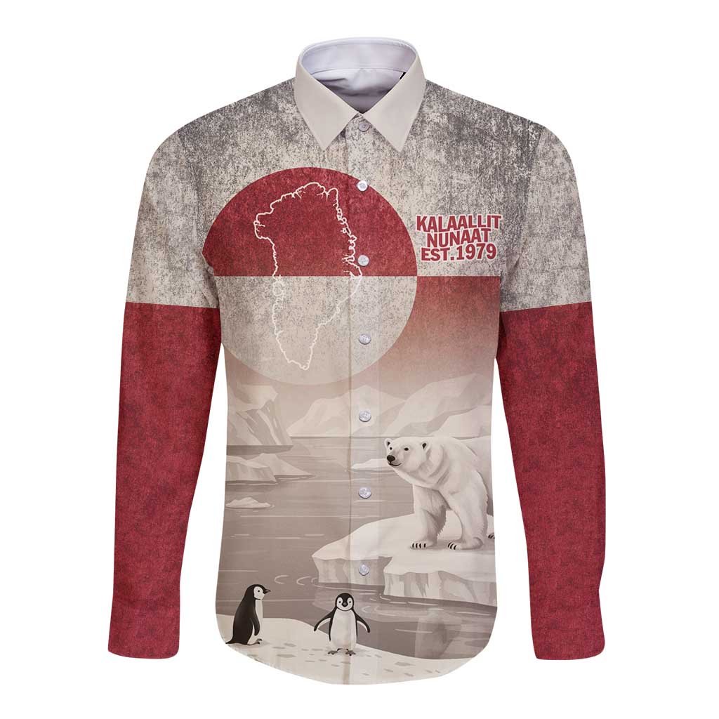 Greenland Flag Vintage Long Sleeve Button Shirt Greenlander Flag With Polar Bear