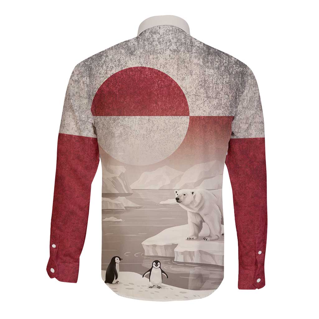 Greenland Flag Vintage Long Sleeve Button Shirt Greenlander Flag With Polar Bear
