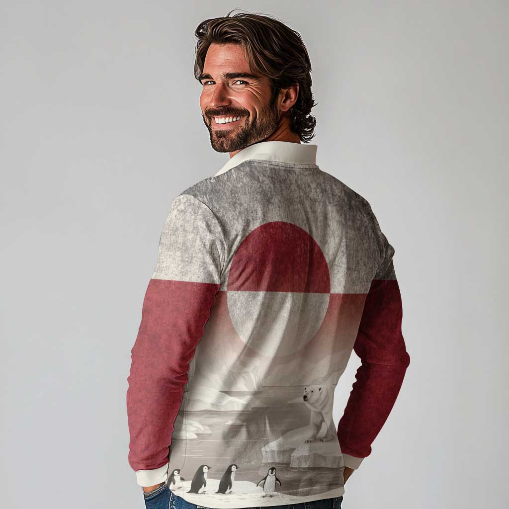 Greenland Flag Vintage Long Sleeve Polo Shirt Greenlander Flag With Polar Bear