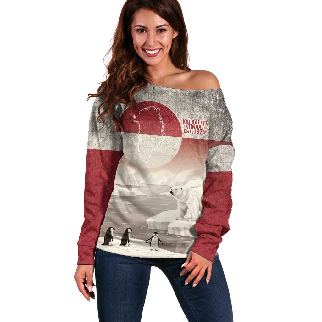 Greenland Flag Vintage Off Shoulder Sweater Greenlander Flag With Polar Bear