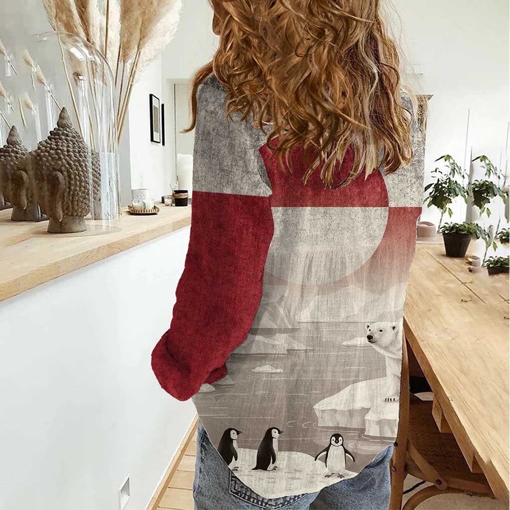 Greenland Flag Vintage Women Casual Shirt Greenlander Flag With Polar Bear