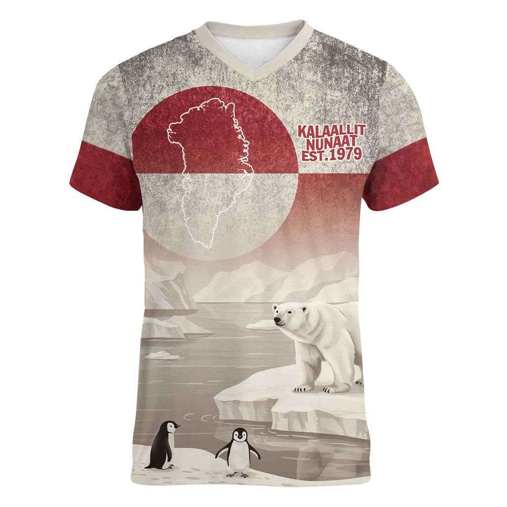 Greenland Flag Vintage Women V-Neck T-Shirt Greenlander Flag With Polar Bear