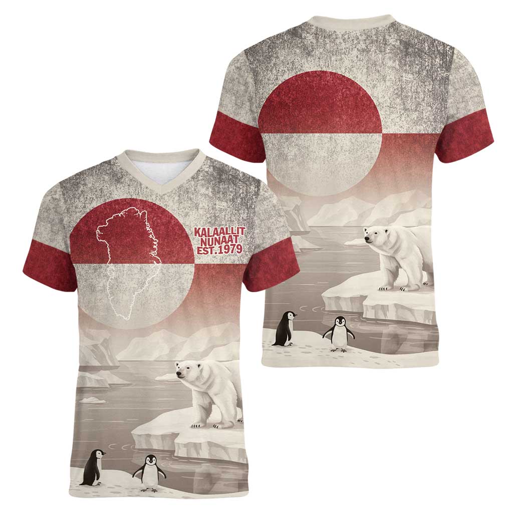 Greenland Flag Vintage Women V-Neck T-Shirt Greenlander Flag With Polar Bear