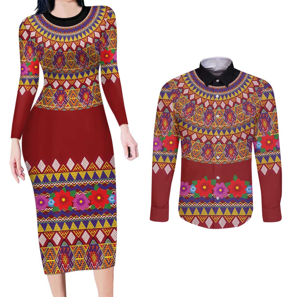 Greenland Costume Couples Matching Long Sleeve Bodycon Dress and Long Sleeve Button Shirt Tradional Kalaallisuut Pattern