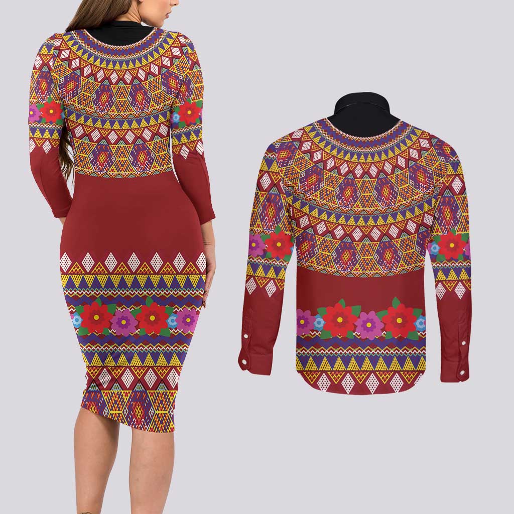 Greenland Costume Couples Matching Long Sleeve Bodycon Dress and Long Sleeve Button Shirt Tradional Kalaallisuut Pattern