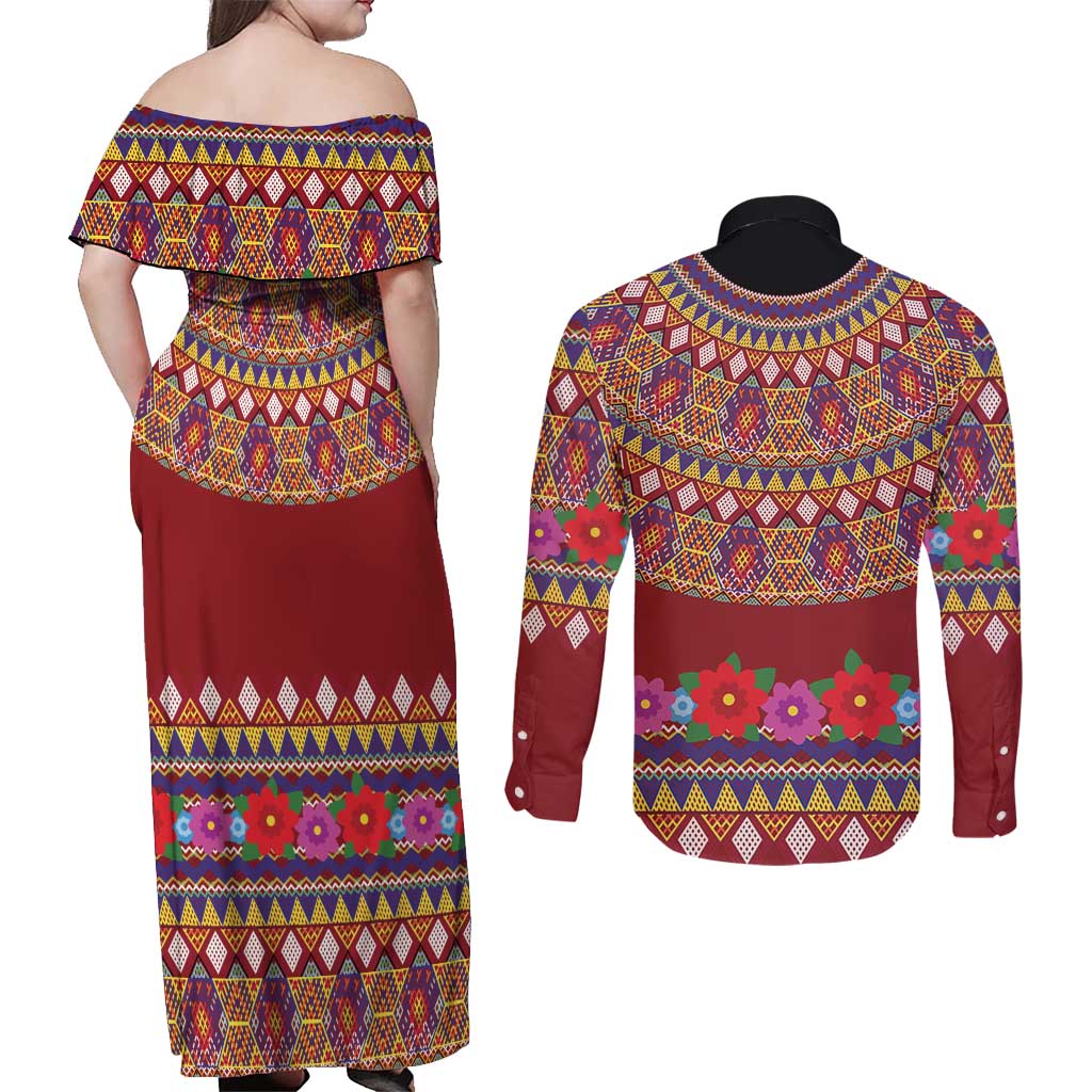 Greenland Costume Couples Matching Off Shoulder Maxi Dress and Long Sleeve Button Shirt Tradional Kalaallisuut Pattern