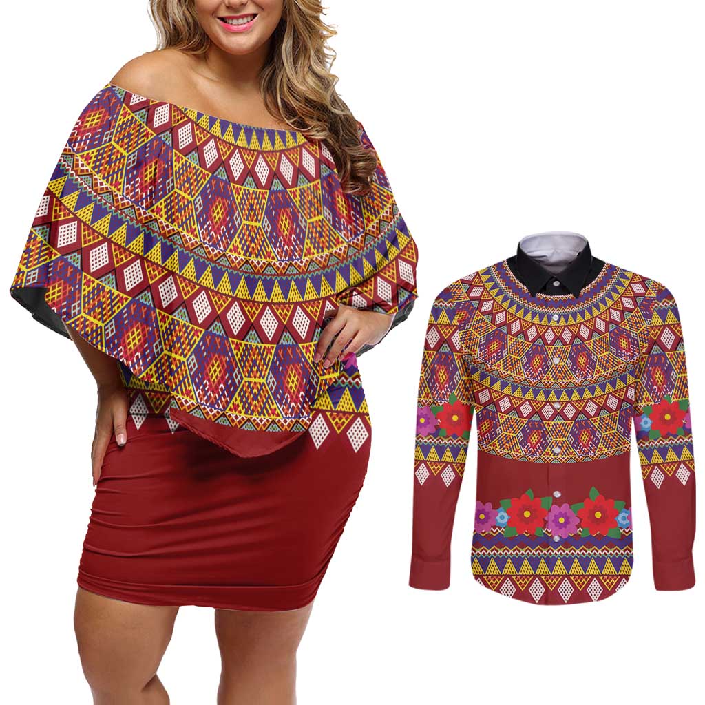 Greenland Costume Couples Matching Off Shoulder Short Dress and Long Sleeve Button Shirt Tradional Kalaallisuut Pattern