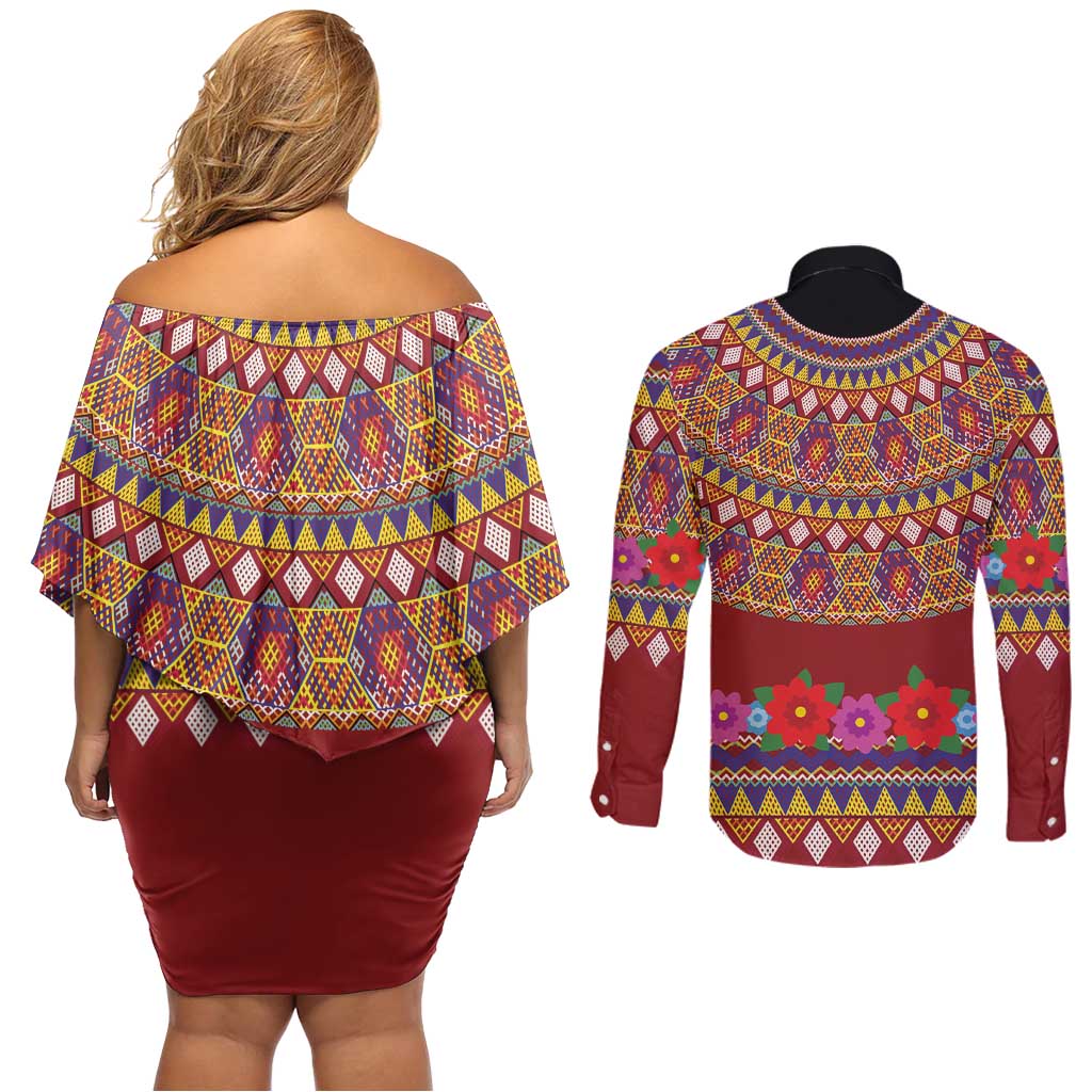 Greenland Costume Couples Matching Off Shoulder Short Dress and Long Sleeve Button Shirt Tradional Kalaallisuut Pattern