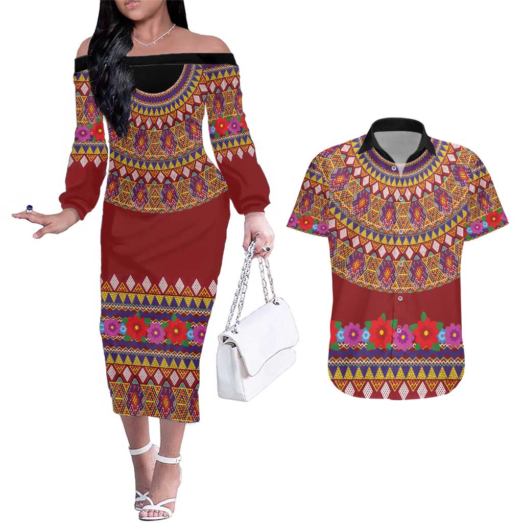 Greenland Costume Couples Matching Off The Shoulder Long Sleeve Dress and Hawaiian Shirt Tradional Kalaallisuut Pattern