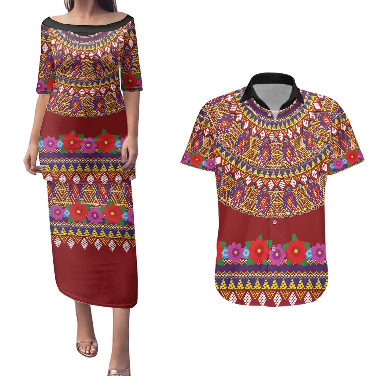 Greenland Costume Couples Matching Puletasi and Hawaiian Shirt Tradional Kalaallisuut Pattern