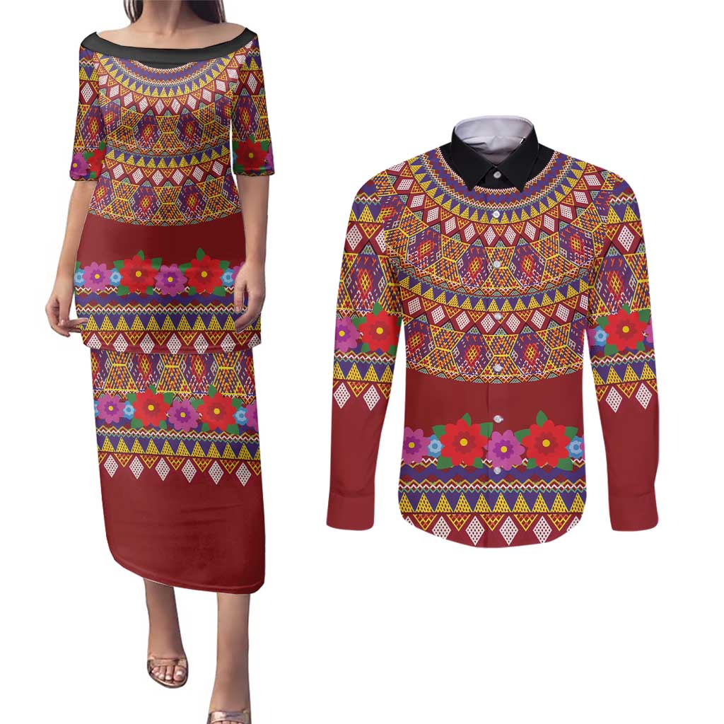 Greenland Costume Couples Matching Puletasi and Long Sleeve Button Shirt Tradional Kalaallisuut Pattern