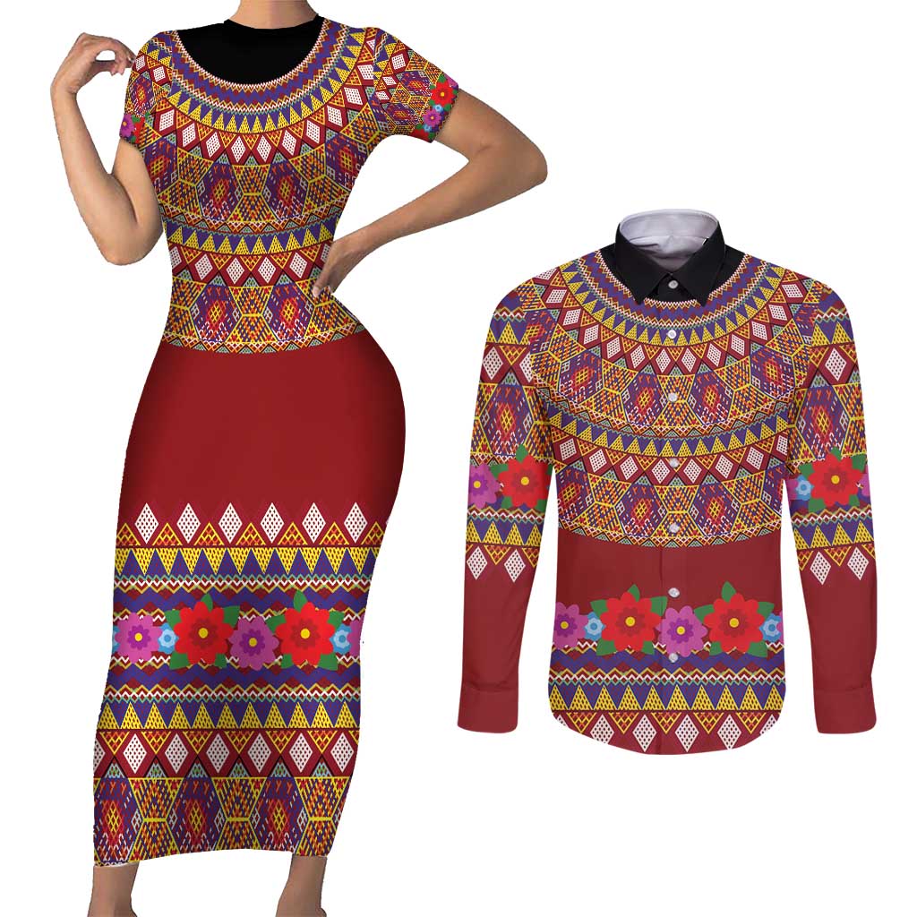 Greenland Costume Couples Matching Short Sleeve Bodycon Dress and Long Sleeve Button Shirt Tradional Kalaallisuut Pattern