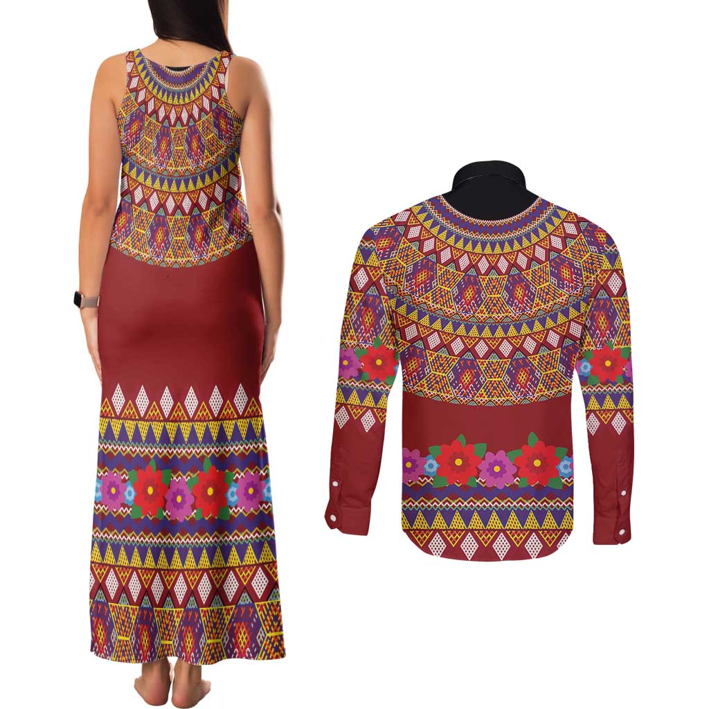 Greenland Costume Couples Matching Tank Maxi Dress and Long Sleeve Button Shirt Tradional Kalaallisuut Pattern